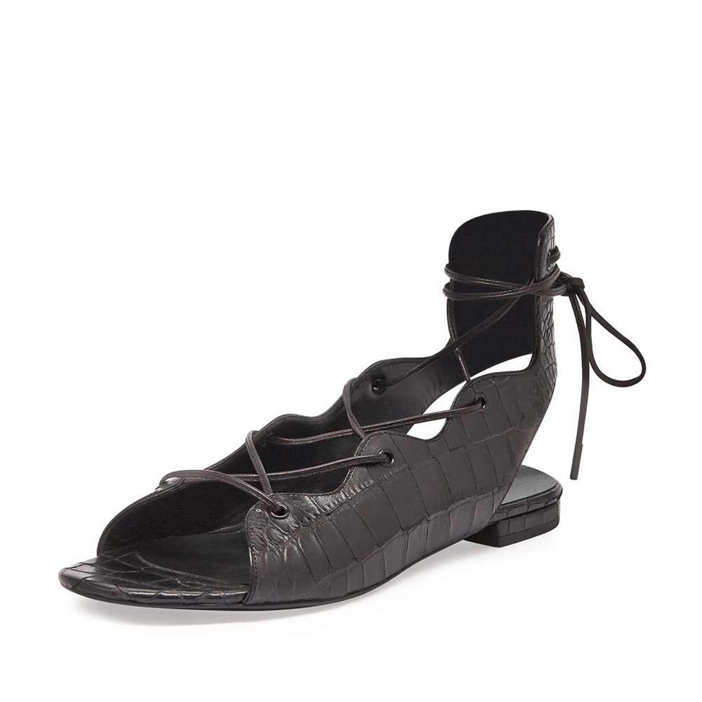 Saint Laurent Croc Embossed Lace Up Flat Sandal in Black
